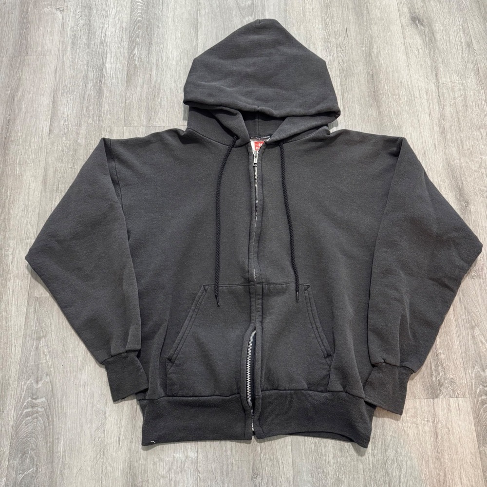 Vintage Hanes Zip Up Hoodie Mens Medium Faded Black Blank Sweatshirt YKK Zip